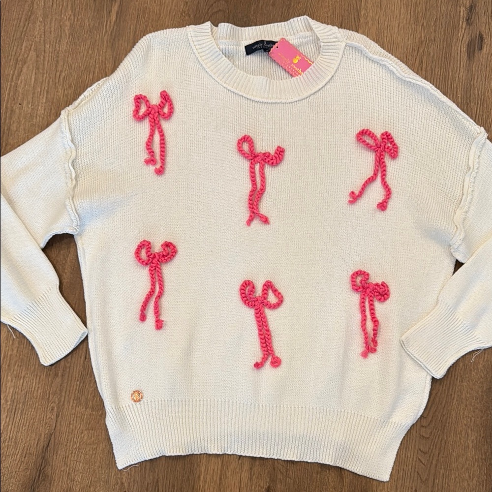 NWT Simply Southern White Sweater with Pink Bow Accents